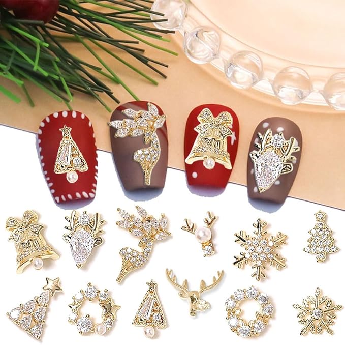 24pcs Luxury Zircon Christmas Nail Charms - 3D Snowflake, Elk, Xmas Tree, Garland Decorations - Gold Art Rhinestones Gems for Nails
