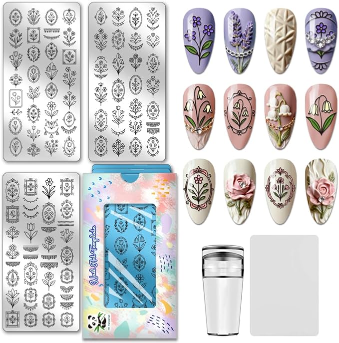 PH PandaHall 3pcs Flower Bouquet Nail Stamping Plate Tulip Rose Nail Stamper Daisy Lily of The Valley Nails Arts Stencils Vintage Lace Nails Image Plates for DIY Manicure Salon Print Design Decor