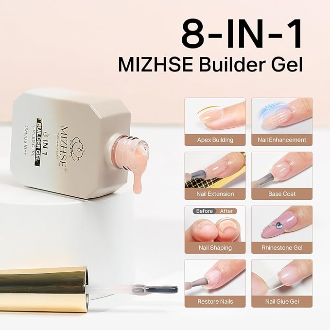 MIZHSE Builder Nail Gel, 8-in-1 Netural Nude Builder Nail Gel Strengthener Gel Thickening Extension Rhinestone Glue in a Bottle for DIY Salon LED & U V Lamp Needed 16mL