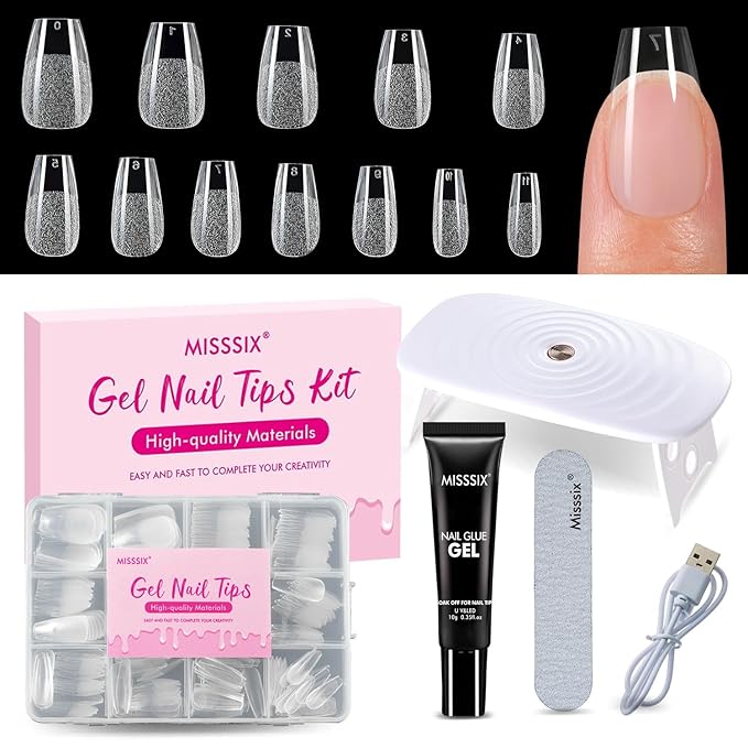 Misssix Short Coffin Gel x Nail Tips Kit, 216Pcs Pre Etched Clear Fake Nails, Full Cover False Nail 9-in-1 Gel Glue and Portable Mini U V Nail Lamp for Women 12 Sizes