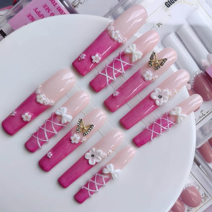 Xxl Press on Nails Extra Long Square Handmade Press-on Nails with Design Pink French Tips Press Ons 10pcs M Size Pattern 1108