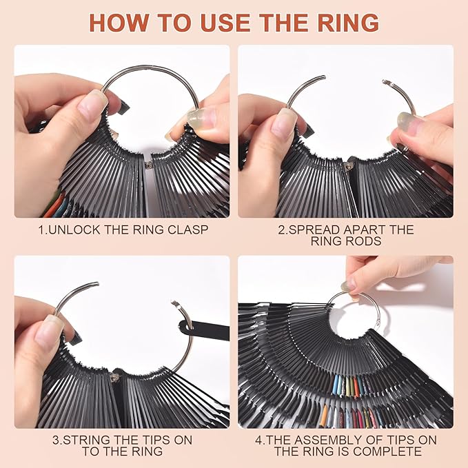 300 Tips Nail Swatch Sticks with Metal Split Ring Fan-shaped Display Nail Practice Sticks Nail Sample Swatches for Nail Art Polish Practice Nail Color Display (Black)