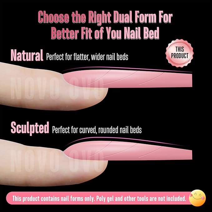 NOVO OVO Tapered Square (Natural not Sculpted) Nail Dual Forms for Poly Gel Extension with Guiding Line Inside, XL XXL Reusable Full Cover Acrylic Builder Hard Gel Polygel Molds x 15 sizes 150 Pcs