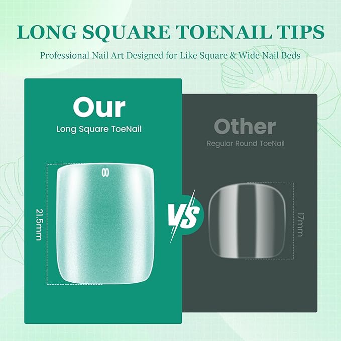 Square Toe Nail Tips - Full Cover for Wide Long Nail Beds, Matte Pre-shaped Fake Toenails Gel Press on Nails Extensions Home DIY Nail Salon, 15Sizes 300PCS