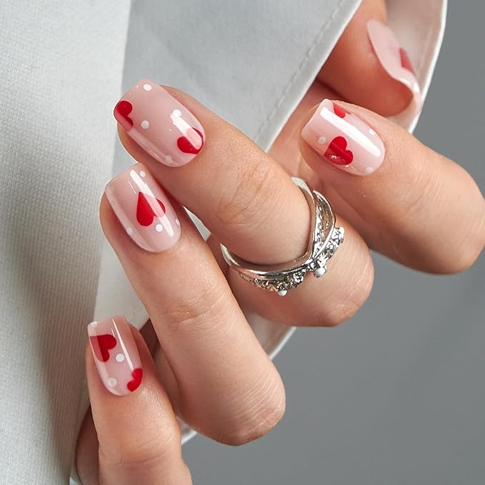 CurvLife Soft Gel Press On Nails Square, Heart Polka Long-Lasting Reusable Fake Nails Kit with Glue & Tabs, 30pcs Salon-Quality Stick On Nails for Women At-Home Manicure
