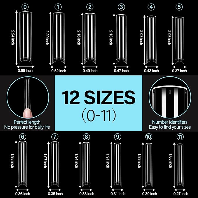 TOMICCA XXXL Square Nail Tips 240Pcs, 12 Sizes Extra Long Nail Tips for Gel Nails, Half Cover Straight Tapered Square French Nails for Nail Salons Home DIY