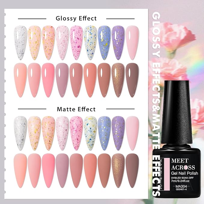 MEET ACROSS 18 Colors Rubber Base Gel Set, Nude Pink Brown Builder Nail Gel, 2-in-1 Builder Base Nail Gel Blue Purple Skin Tones Gold Foil Soak Off Base Gel Nail Strengthener 7ml