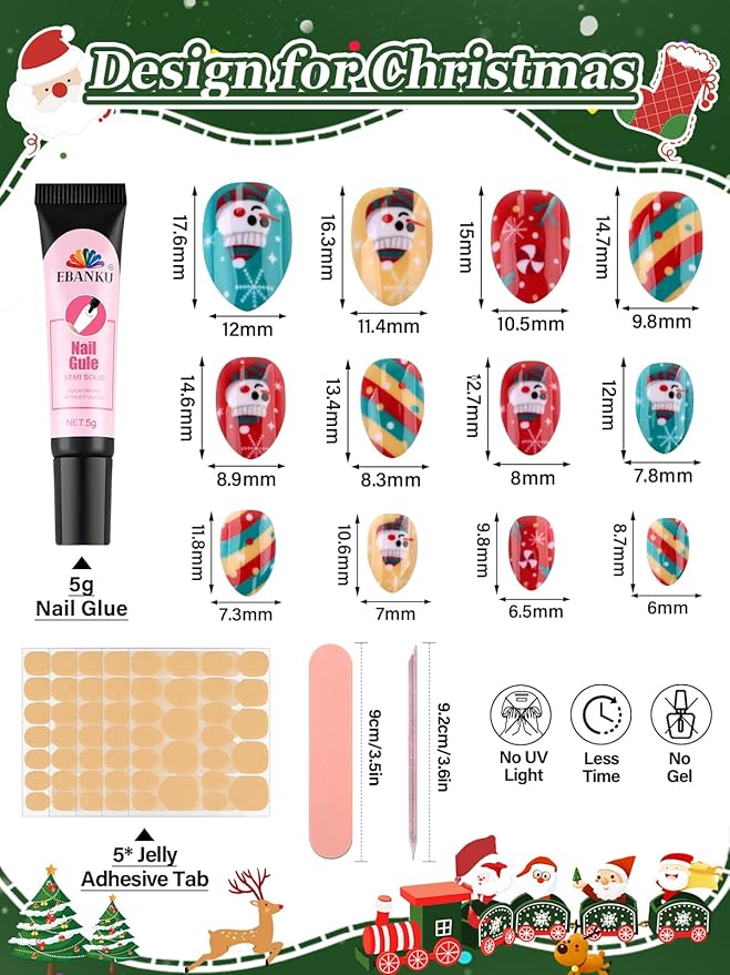 72Pcs Christmas Kid Press on Nails, EBANKU Xmas Fake Nails Kit Full Cover Christmas Theme Design False Nail with Nail Glue for Girl