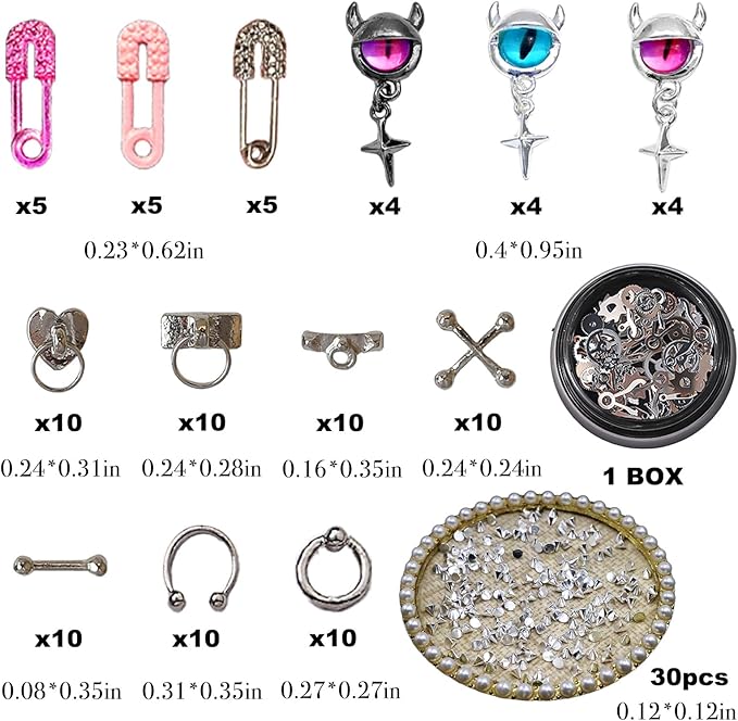 197PCS Nail Charms for Acrylic Nails，Monster Eye Pill Puncture Dice Billiards Cone Pin Door Handle Mechanical Parts Nail Decorations ，Nail Accessories for Nail Art Supplies Manicure DIY