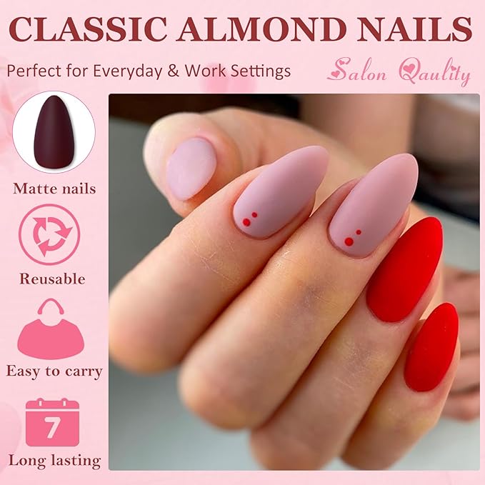 AddFavor Press on Nails Medium Almond Fake Nails, 576pcs 24 Colors Almond Press on Nails Full Cover Acrylic Nail Press ons, Matte False Nail Tips for Women Glue on Nail
