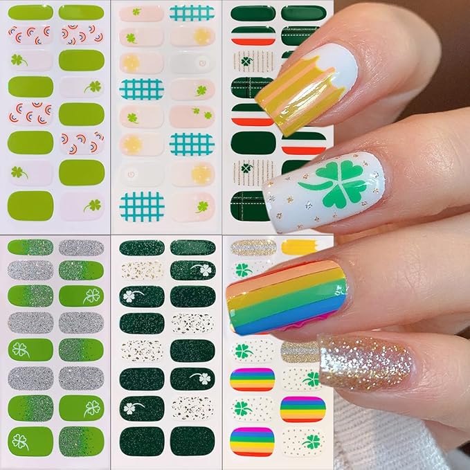 6 Sheets Glitter St. Patrick's Day Gel Nail Stickers Green Shamrock Nail Polish Stickers 3D Self-Adhesive Luck Clover Rainbow Nails Art Designs Irish Full Wraps Gel Nail Strips for Women Acrylic DIY