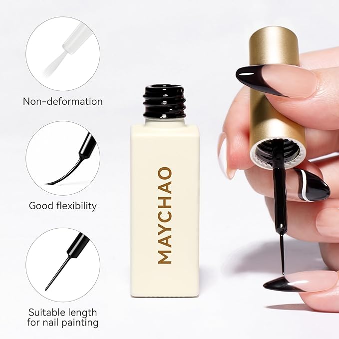 MAYCHAO Black Swirl Gel Liner Nail Art Polish, 8ml Classic Gel Color Built-in Thin Brush, UV Light Cure for French Nail Tips DIY Manicure at Home Salon