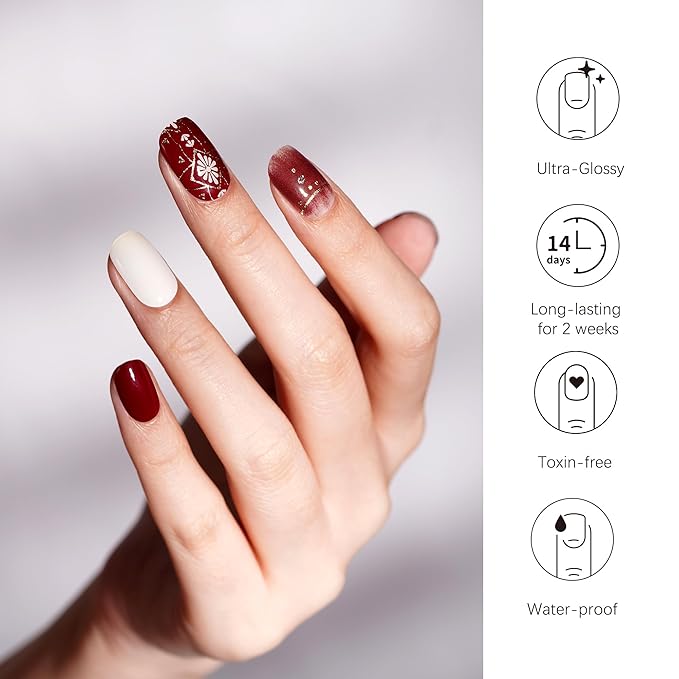 DANNI & TONI Semi Cured Gel Nail Strips Winter Holiday (Flower Blaze) Wine Red Gradient Gel Nail Wraps 28 Stickers