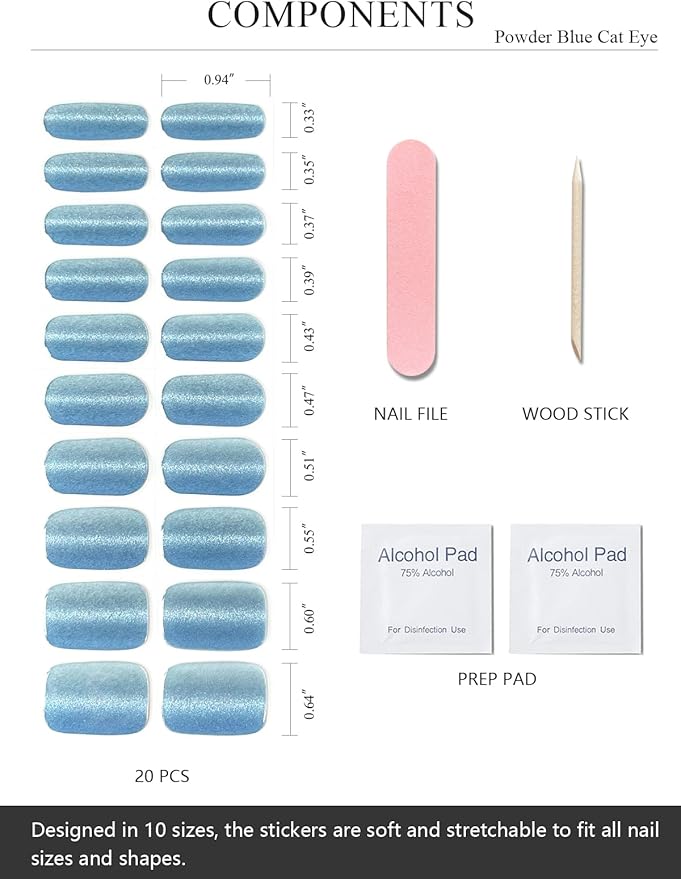 Semi Cured Gel Nail Strips (Powder Blue Cat Eye), 20 Pcs Gel Nail Wraps, Stickers, UV Light Required, Salon Quality, Long Lasting