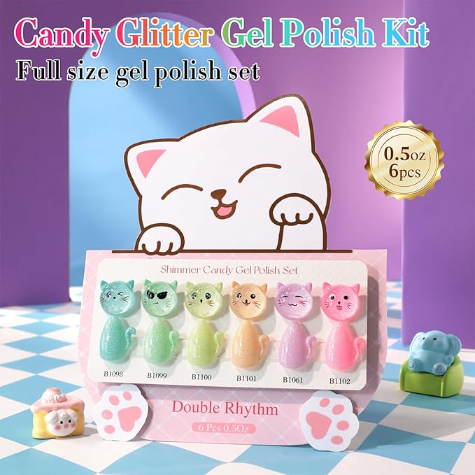 Double Rhythm 6 Pcs 15 ML Glitter Gel Polish Set Same Color Same Bottle Soak Off Gel Polish Kit Nail Art Manicure Salon DIY at Home (Shimmer Pink Green Blue Purple Orange Yellow-T6-87)