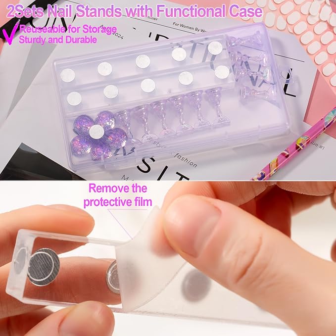 2 Nail Stand for Press Ons, Fake Nail Holder for Painting Nails, Upgrade Solid Acrylic Nail Stands Nail Magnets for Nail Art Design, Flower Nail Holder for Nail Practice Display Supplies W/ Glue Tips