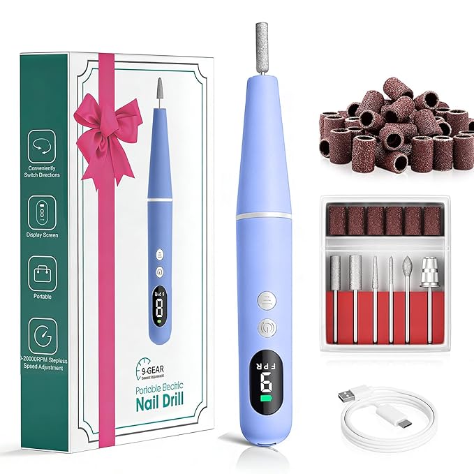 Salon-Grade Electric Nail Drill – Professional Cordless Nail File with LED Display, 6 Specialized Bits & 26 Accessories for Gel/Acrylic Nails & Thick Toenails (Blue)