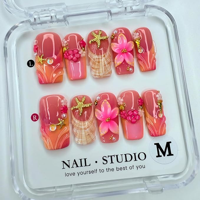 Handmade Press on Nails Medium Coffin Fake Nails Gradient French False Nails 3D Flower Artificial Acrylic Thick Stick on Nails Handmade for Women Manicure Art Decorations (Size S)