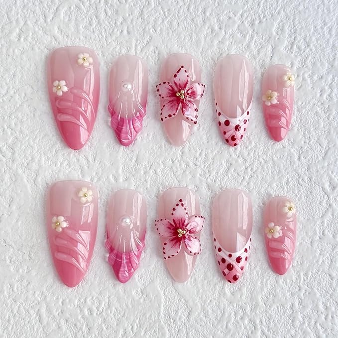 Flower Press on Nails Medium Almond Handmade 3D Water Ripple Pearl False Nails with Designs Luxury Handmade on Nails Floral Embossed French Tip Fake Nail Art Glossy Thick Acrylic Nails (Size S)