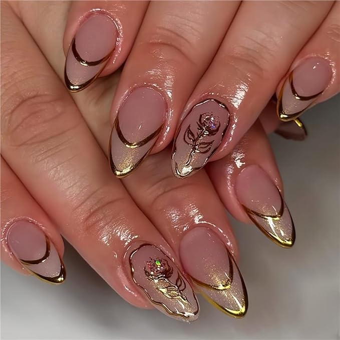 Short Press on Nails Almond Fake Nails French False Nails Gold Artificial Nails with Flowers Designs Stick on Nails for Women 24pcs