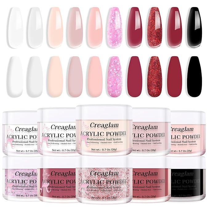 Acrylic Powder Set for Nail Extensions - 10 Colors 20g Each, Professional 3D Nail Art Carving Powder, Acrylic Nail Powder No Lamp Needed, Bubble Free, Long Lasting, Salon Quality DIY Manicure Kit
