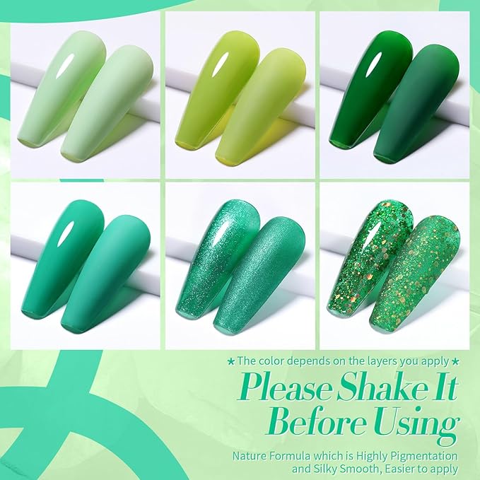 Born Pretty Green Gel Nail Polish, Spring Summer Carnival Evergreen Gel Nail Polish Set, Glitter Green Sparkle Gel Polish Nail Art Varnish Manicure Collection St. Patrick's Day 6PCS