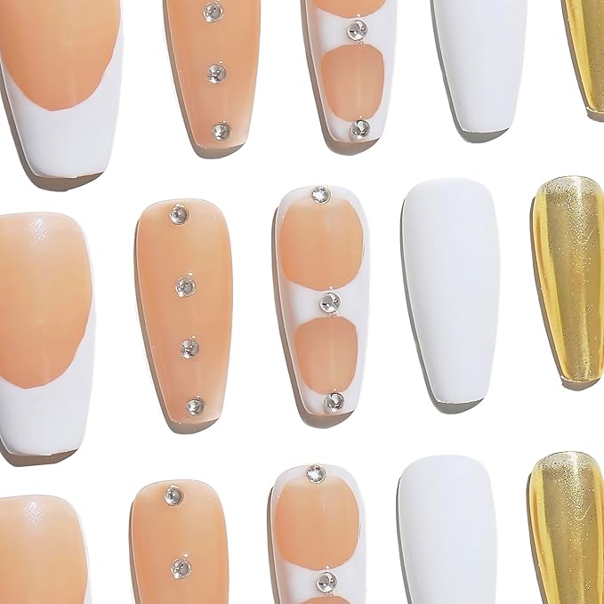 Sun&Beam Nails Handmade Press-on Medium Coffin Ballerina Nude Beige Gold White French Rhinestone Design Fashion False Nail Tips 10 Pcs Set (#179 XS)