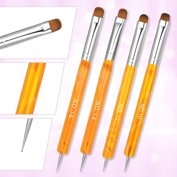 4pcs French Gel Nail Art Brush Acrylic Two Way Nail Art Brush with Dotting Professional Manicure Tool for Manicure Cuticle Clean up Detailed Designs Nails Dotting Pen (10#, 12#, 14#, 16#)