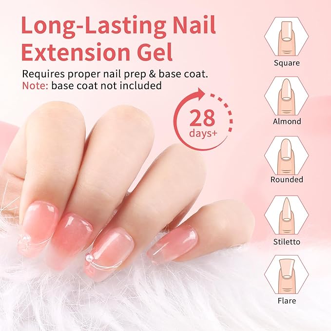 BQAN Poly Nail Gel, 2 Jelly Colors Poly Extension Gel (30ml) with Slip Solution & Brush | Non-Lifting Low Odor | for Nail Builder Pro Salon & Home DIY - Jelly Light Pink, 1 Oz/Pack (Pack of 2)