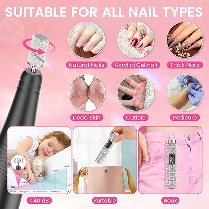 Lavinda Diamond Electric Nail Drill, Professional Rechargeable 35000RPM Electric Nail File Cordless Portable Nail Drill with Coreless Motor for Acrylic Nails (AB Rhinestone)
