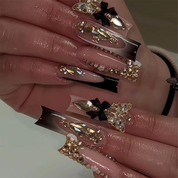 RTKHFZE Extra Long Square Press on Nails Glitter Black and Nude Fake Nails with Bow Design,Valentine'S Day Press on Nails Hot Girls False Nails 24pcs