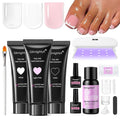 Poly Gel Nail Kit for Toes with UV Light,GlimightyX Polygel Toenail Starter Kit with Everything ,3 Color Clear White Pink Poly Gel 40ml Slip Solution,Toenail Dual Forms Extension DIY Salon Home