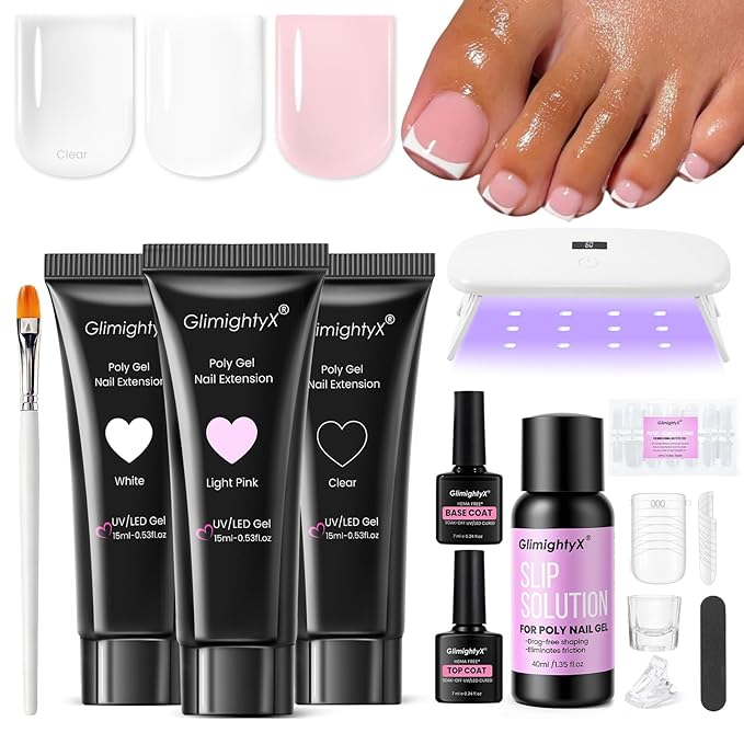 Poly Gel Nail Kit for Toes with UV Light,GlimightyX Polygel Toenail Starter Kit with Everything ,3 Color Clear White Pink Poly Gel 40ml Slip Solution,Toenail Dual Forms Extension DIY Salon Home