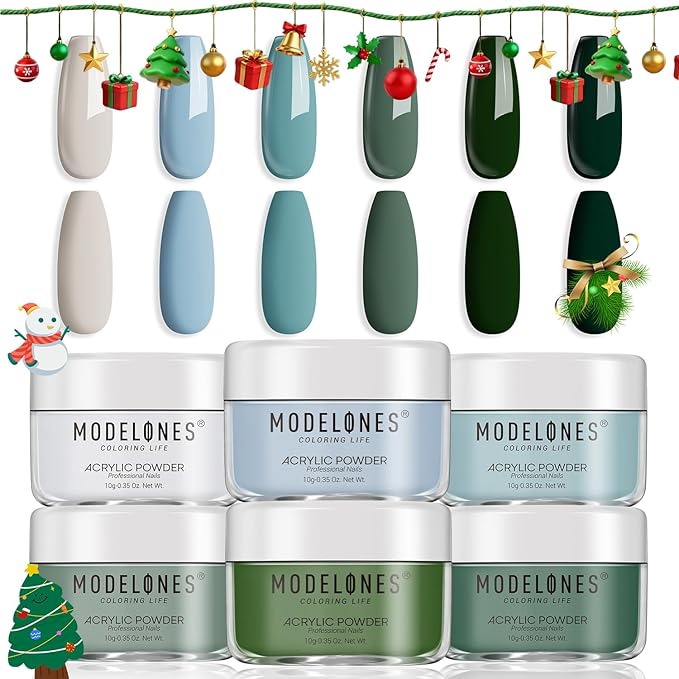 Modelones Acrylic Powder 6 Colors Acrylic Nail Powder Kit Sage Green Mist Blue Light Grey Dark Olive Shades Matcha Avocad 3D Acrylic Nail Art Nail Extension No Nail Lamp Needed