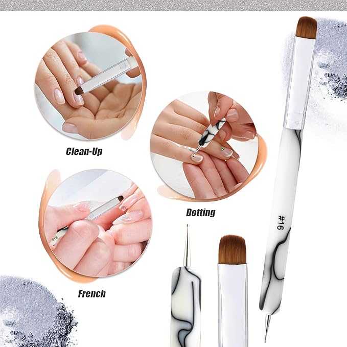 French Manicure Brush -2 Way Nail Art Brush with Dotting Manicure Tool for Manicure Cuticle Clean Up Nail Art Design- Professional Nail Salon Quality Brush, Nail Dotting Pen (White, 16#)