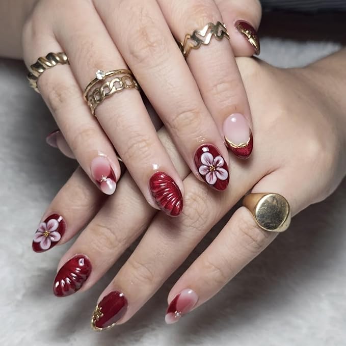 Press on Nails Short Almond Fake Nails Red Artificial Nail 3D Flowers Stick on Nail for Women 24pcs