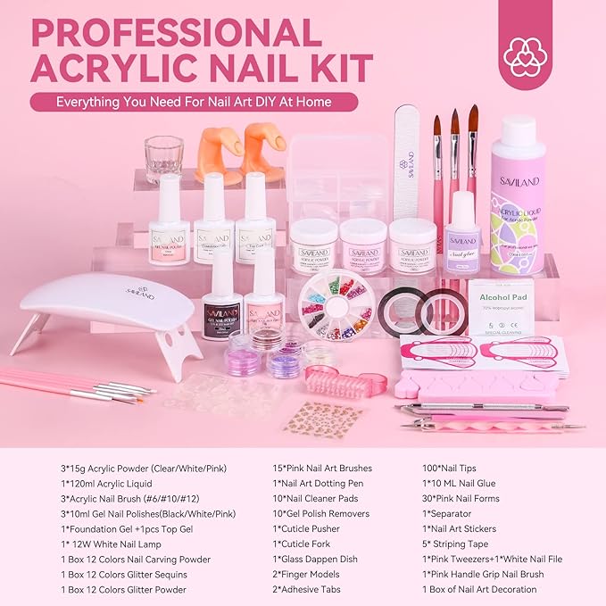 SAVILAND Acrylic Nail Kit with Everything: Complete Nails Kit Acrylic Set For Beginners & Enthusiasts Gel Polish Set U V Lamp, Nail Brushes, and Decorations for DIY Home Salon