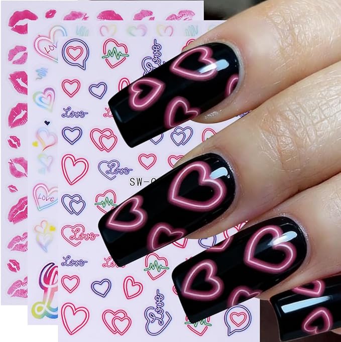 Valentines Nail Art Stickers Decals 12PCS Romantic Heart Bow Nail Decals 3D Self Adhesive Red Pink Colorful Cherry Lips Line Nail Art Design Valentine Manicure Decoration Sticker for Women