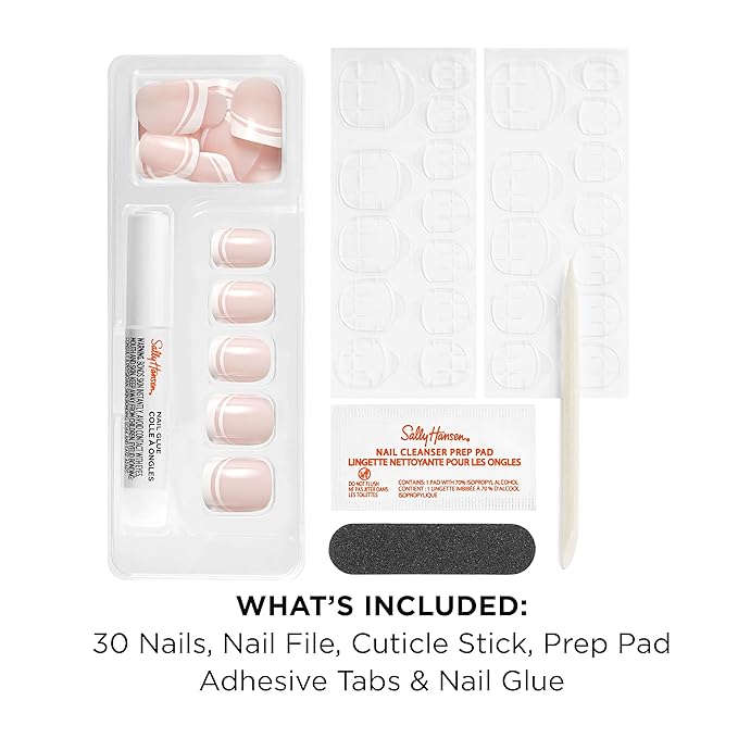Sally Hansen Salon Effects Perfect Press-On Short'Ease Nails | Square Shape | Easy to Apply, Non-Damaging, Natural Look Vitamin E & B5 | 30 Nails, Nail Glue, Adhesive Tabs, File| Petite French