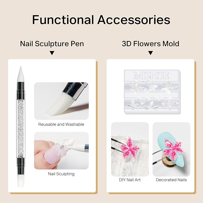 MIZHSE Solid Builder Nail Gel Kit with Nail Drill, Clear White 3D Sculpting Gel for NailS Art with U V Lamp Brush for Nails Extension Home Salon DIY Manicure