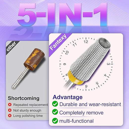 FANTEXY 3/32" Carbide Nail Drill Bits - 5 in 1 Cuticle Drill Bits for Nails, Gel Remover Drills Bit, Nails File Bits for Old Skin and Nails, Manicure Pedicure Gel Polishing (Extra Fine - XF)
