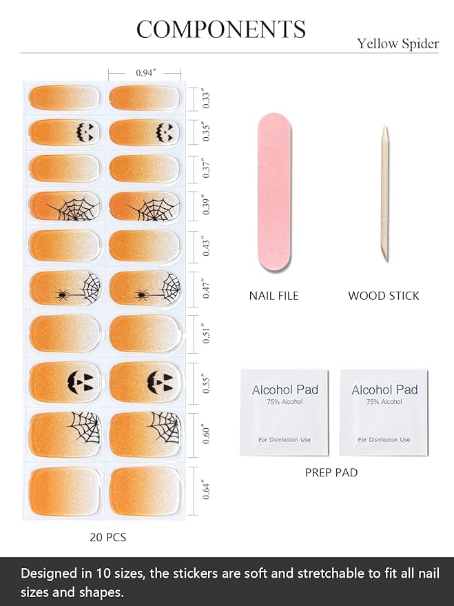 Semi Cured Gel Nail Strips (Orange Spider), Halloween, 20 Pcs Gel Nail Wraps, Stickers, Salon Quality, Long Lasting, Works with Any UV Lamps