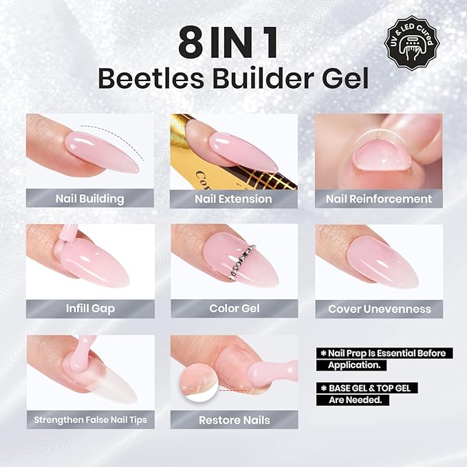 Beetles Builder Gel for Nails-Dusk Pact 0.5 oz 8 in 1 Nail Thickening Strengthening Building Apex for Beginner DIY Salon at Home, Silver Glitter Builder Nail Gel,UV & LED Lamp Needed