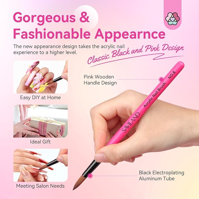 SAVILAND Acrylic Nail Brush Set: 6PCS Brushes for Acrylic Powder Application, Nail Art Extension, 3D Carving, Home Salon