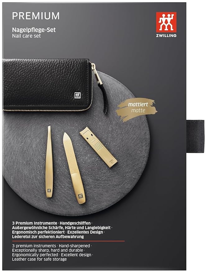 ZWILLING Beauty TWINOX 4-pc Gold Manicure Set with Black Leather Case, Care for hands and feet with nail clipper