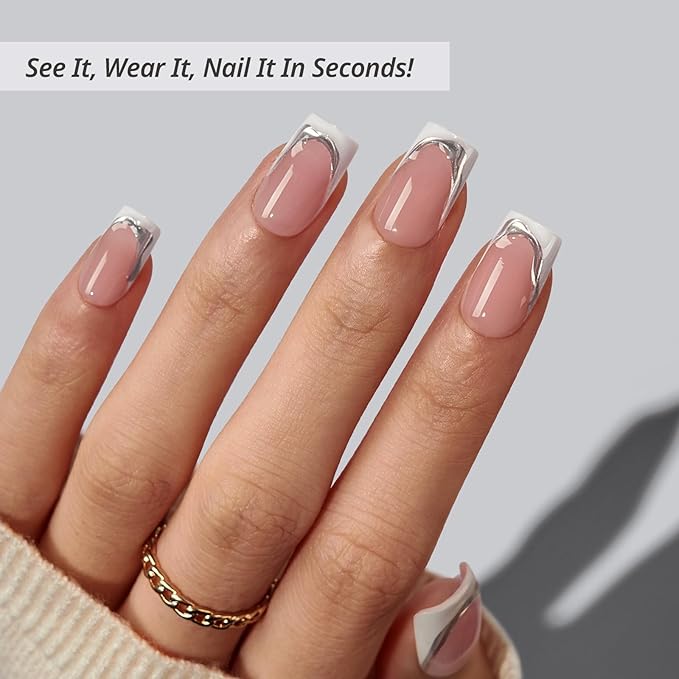 BTArtbox Press On Nails Short - Ice Veil, 3D Silver Lines White French Tip Square Press On Nails with Glue and Adhesive Tabs for Women in 16 Sizes - 32 Soft Gel Glue On Nails Kit