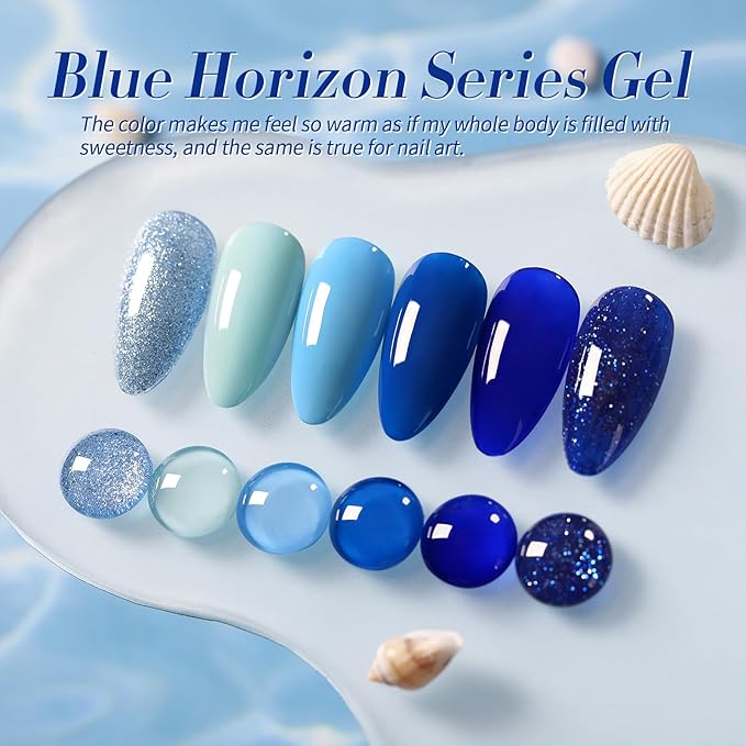 Born Pretty Blue Gel Nail Polish Set 6 Colors Spring Summer Light Baby Royal Blue Reflective Glitter Gel Polish Soak Off Nail Art Manicure DIY Design Home and Salon Holiday Gift