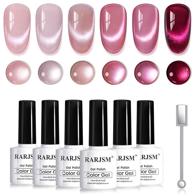 RARJSM Jelly Glassy Pink Cat Eye Gel Nail Polish Set 6Pcs Sparkle Ceramics Diamond Shimmer Nude Pink Colors Velvet Smoothie Cateye Gel Polish with Magnetic Stick Curing Require Home Salon Manicure