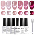 RARJSM Jelly Glassy Pink Cat Eye Gel Nail Polish Set 6Pcs Sparkle Ceramics Diamond Shimmer Nude Pink Colors Velvet Smoothie Cateye Gel Polish with Magnetic Stick Curing Require Home Salon Manicure