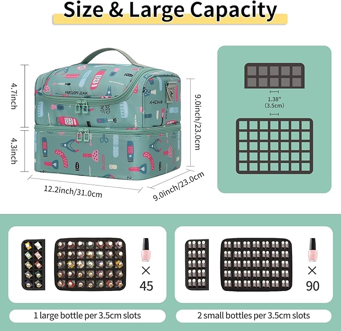 Nail Polish Organizer Case - Holds 45-90 Bottles & UV Nail Lamp, Nail Tech Organizers And Storage Bag for Nail Supplies & Manicure Kit & Pedicure Tools, Nail Technician Case (Cartoon Green, 45 Slots)